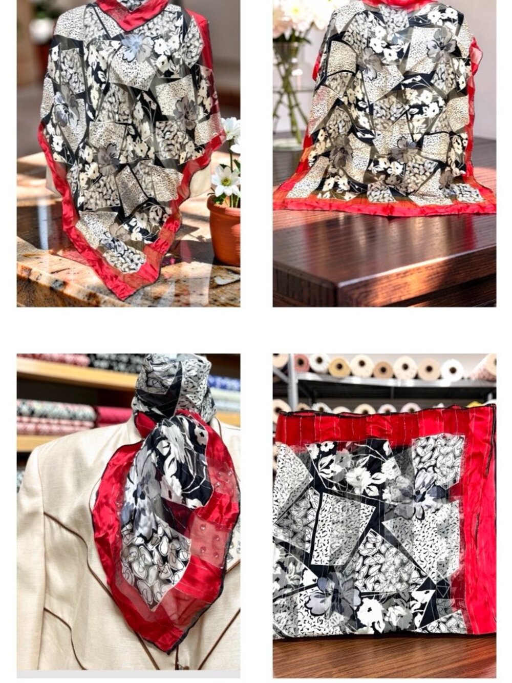 Louis Feraud Paris  Silk Chiffon/Satin  Scarf 35"  red white black Floral (2)
